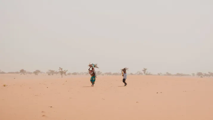 Mère avec son fils en train de ramasser du bois pour la préparation du repas, sur le chemin du retour vers Gouré, Niger