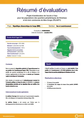 Résumé d'évaluation - Projet d’amélioration de l’accès à l’eau pour les populations des quartiers périphériques de Kinshasa et de trois communes du Bas-Congo (PILAEP1)