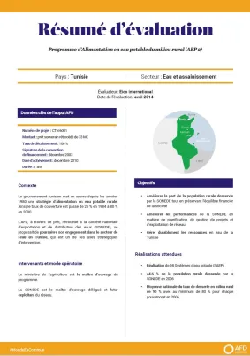 Résumé d'évaluation - Programme d’Alimentation en eau potable du milieu rural (AEP 2), Tunisie