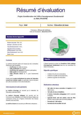 Résumé d'évaluation - Projet d’amélioration de l’offre d’enseignement fondamental au Mali (PAOEFM)