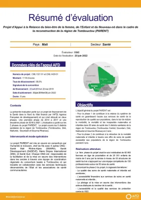 Résumé d'évaluation - Appui à la relance du bien-être de la femme, de l’enfant et du nouveau-né dans le cadre de la reconstruction de la région de Tombouctou (PARENT) - CML1321-1429