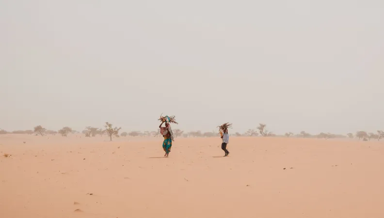 Mère avec son fils en train de ramasser du bois pour la préparation du repas, sur le chemin du retour vers Gouré, Niger