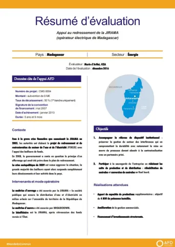 Résumé d'évaluation - Appui au redressement de la JIRAMA (opérateur électrique de Madagascar)