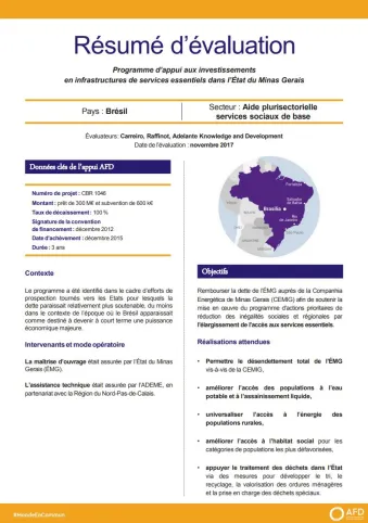 Résumé d'évaluation - Programme d’appui aux investissements en infrastructures de services essentiels dans l’État du Minas Gerais