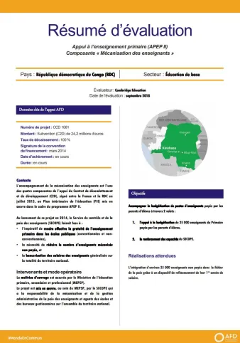 Résumé d'évaluation - Appui à l’enseignement primaire (APEP II) Composante « Mécanisation des enseignants », RDC