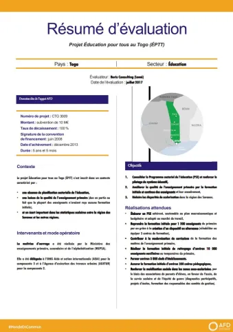 Résumé d'évaluation - Projet Éducation pour tous au Togo (ÉPTT)