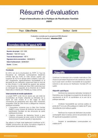 Résumé d'évaluation - Projet d’Intensification de la Politique de Planification Familiale - PIPPF, Côté d'Ivoire