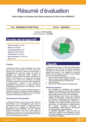 Résumé d'évaluation de projet - Appui à la relance des filières agricoles de Côte d’Ivoire (PARFACI)