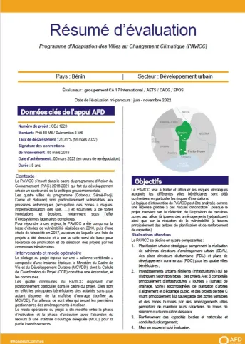 Evaluation à mi-parcours du Programme d'adaptation des villes aux changements climatiques (PAVICC), Bénin